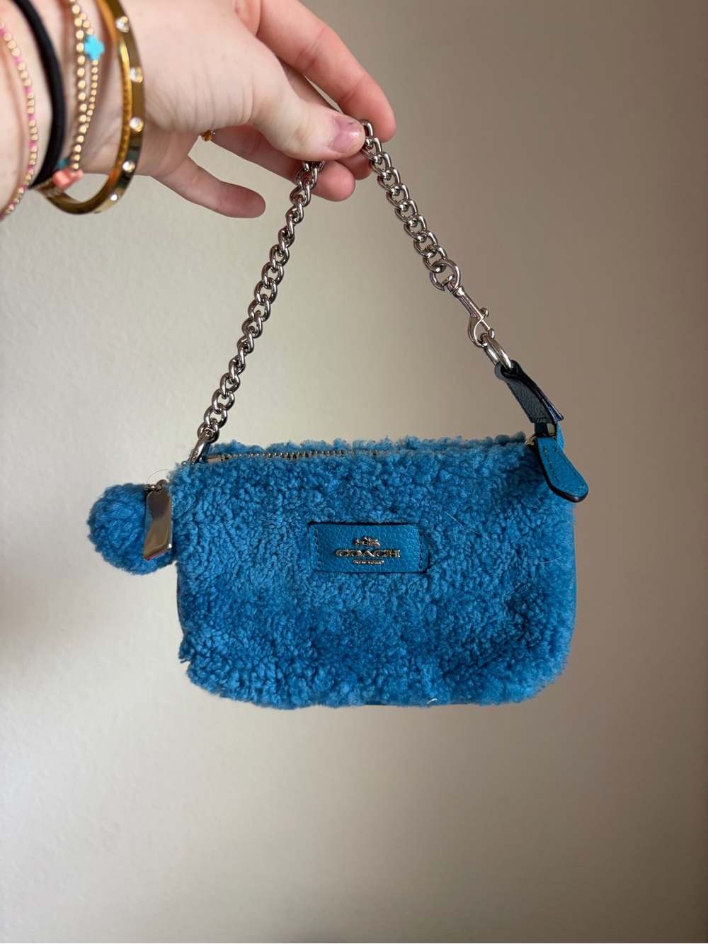 Coach Teal Blue Shearling Wristlet with Chain and Pom